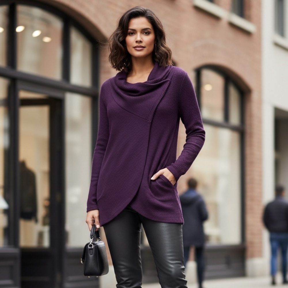 Chico’s Zenergy Swoop Snap Cross Front Purple Long Sleeve Waffle Knit 4-6P